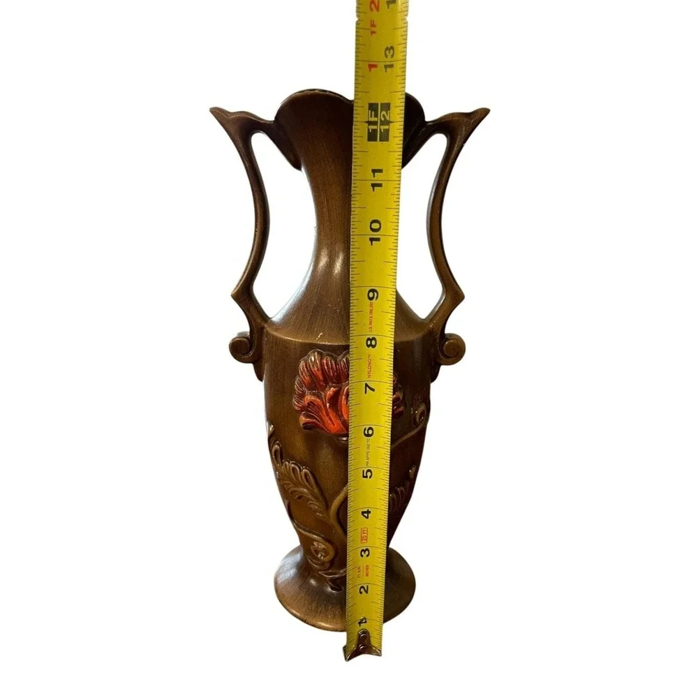 Vintage Bronze Tone Ceramic Vase with Raised Red Orange Floral Decor Handles